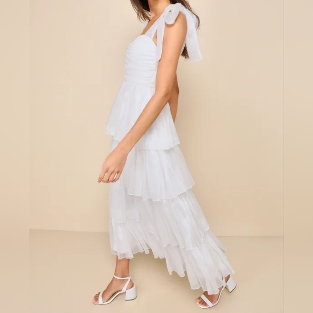 Lulus Womens Radiant Arrival Shiny White Organza Tiered Tie-Strap Maxi Dress - Picture 3 of 11